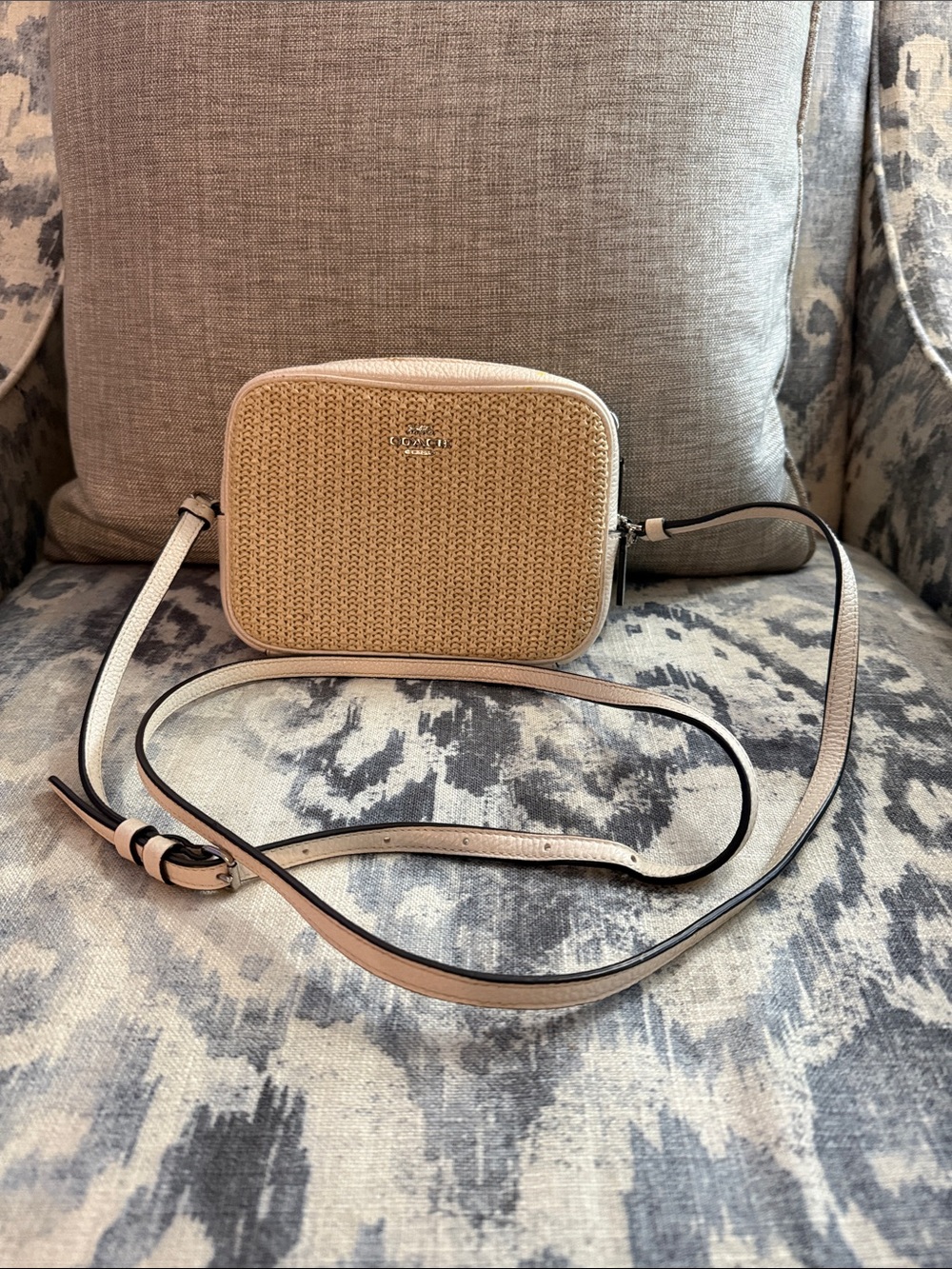 Coach Beige Straw & Leather Camera Crossbody